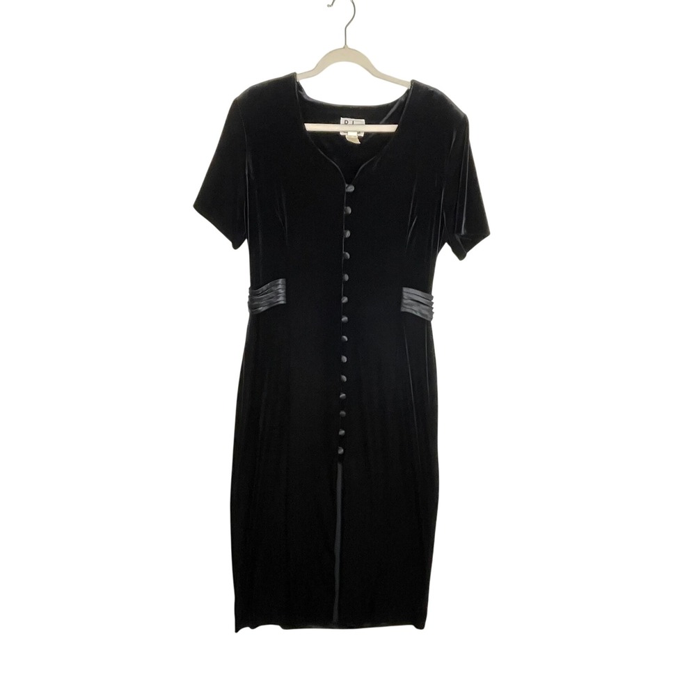 Vintage RJ & Co Black Velvet Button Front Midi Dress Size 16 Made in USA